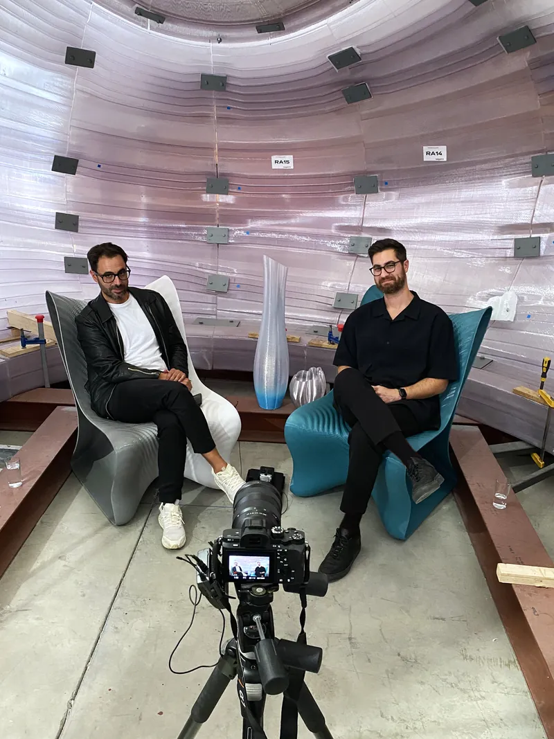 Recording an Additive Dialogues interview at Nagami in Ávila, in two 3D printed chairs